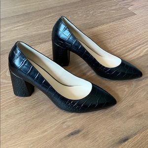 Cole Haan “Karena” black croc chunky heel pump
